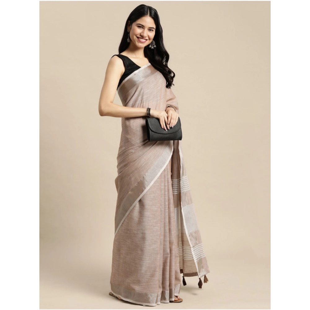 Generic Women's Linen Cotton Printed Saree With Unstitched Blouse 5.5Mtr (Beige) - Image 2