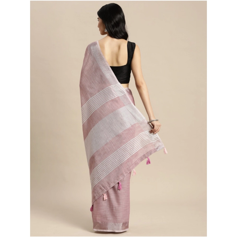 Generic Women's Linen Cotton Printed Saree With Unstitched Blouse 5.5Mtr (Purple) - Image 4