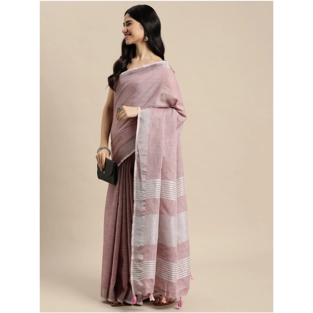 Generic Women's Linen Cotton Printed Saree With Unstitched Blouse 5.5Mtr (Purple) - Image 3