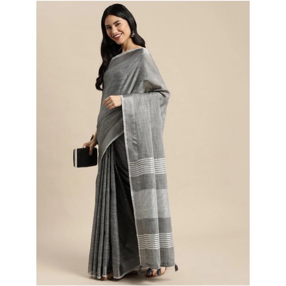 Generic Women's Linen Cotton Printed Saree With Unstitched Blouse 5.5Mtr (Dark Grey) - Image 3