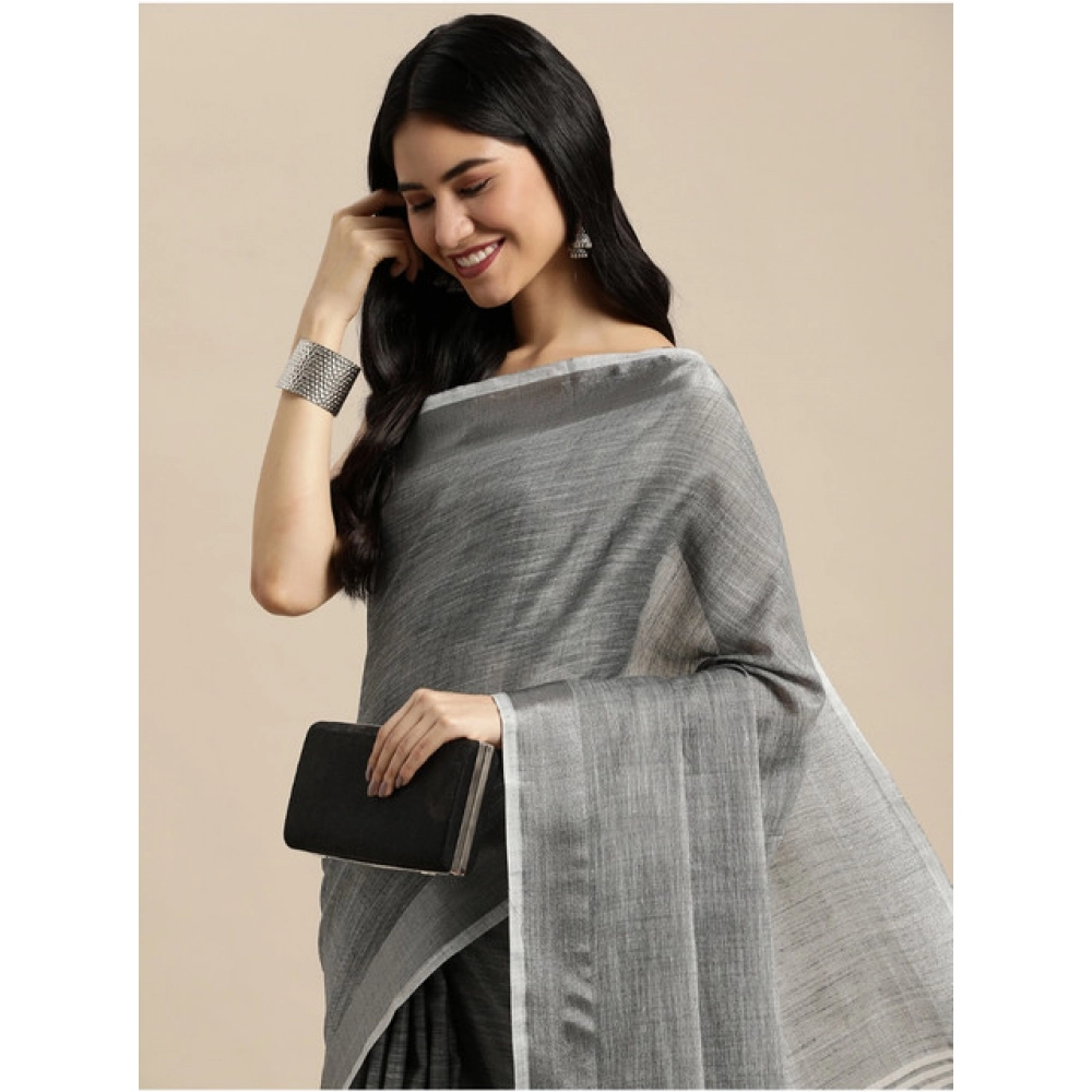 Generic Women's Linen Cotton Printed Saree With Unstitched Blouse 5.5Mtr (Dark Grey) - Image 2