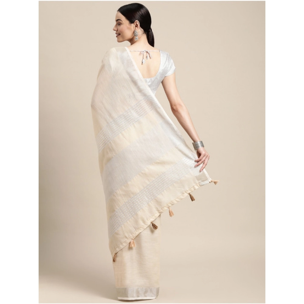 Generic Women's Linen Cotton Printed Saree With Unstitched Blouse 5.5Mtr (Cream) - Image 4