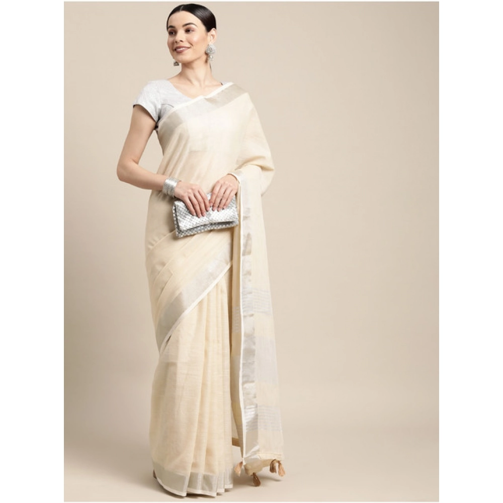 Generic Women's Linen Cotton Printed Saree With Unstitched Blouse 5.5Mtr (Cream) - Image 3