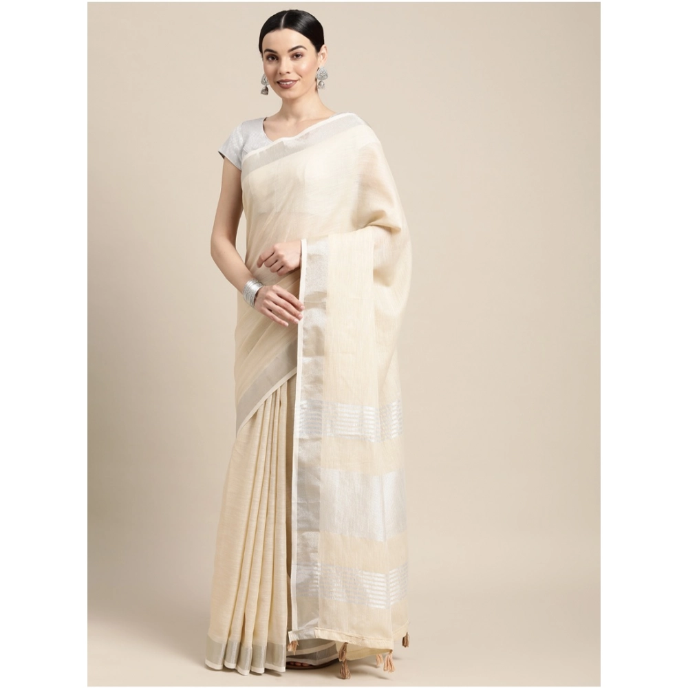 Generic Women's Linen Cotton Printed Saree With Unstitched Blouse 5.5Mtr (Cream) - Image 2