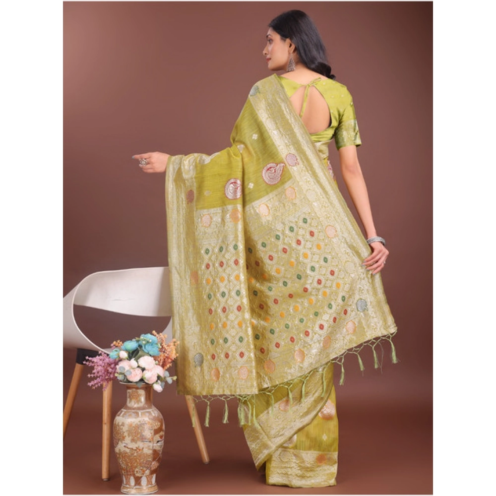 Generic Women's Linen Cotton Printed Saree With Unstitched Blouse 5.5Mtr (Mustrad) - Image 2