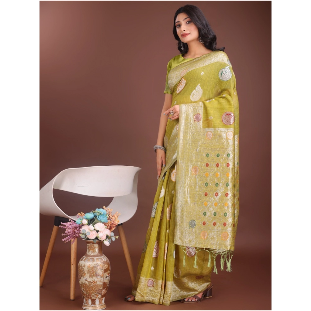 Generic Women's Linen Cotton Printed Saree With Unstitched Blouse 5.5Mtr (Mustrad) - Image 3