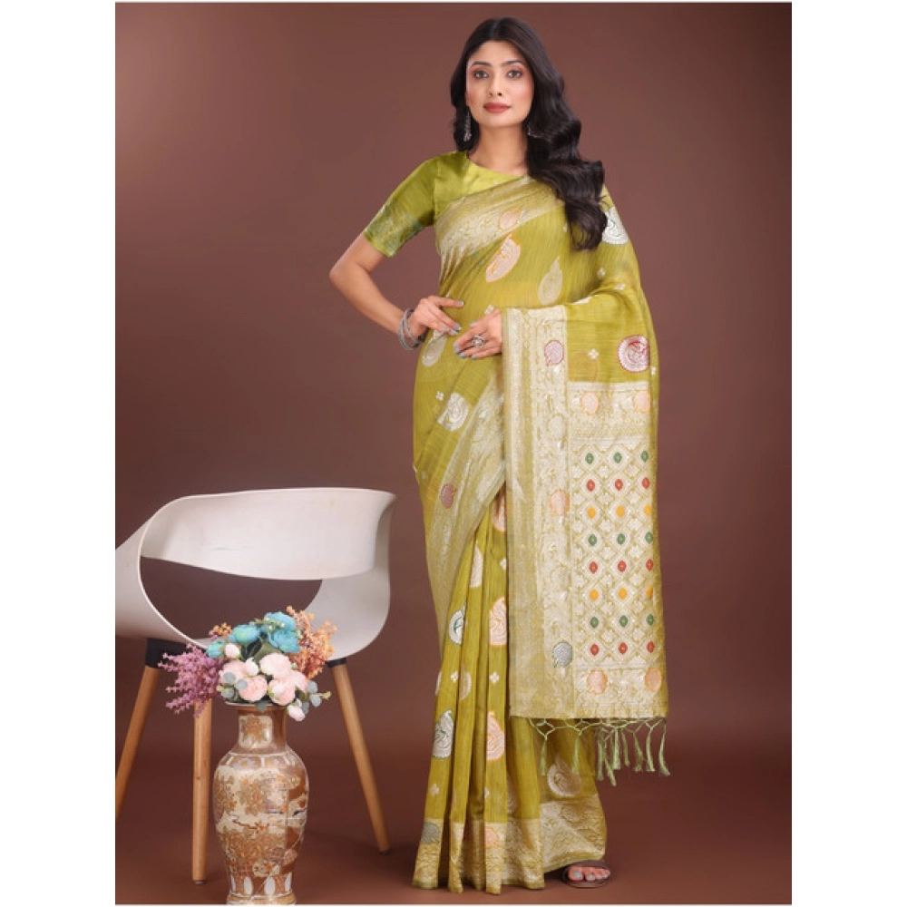 Generic Women's Linen Cotton Printed Saree With Unstitched Blouse 5.5Mtr (Mustrad) - Image 4