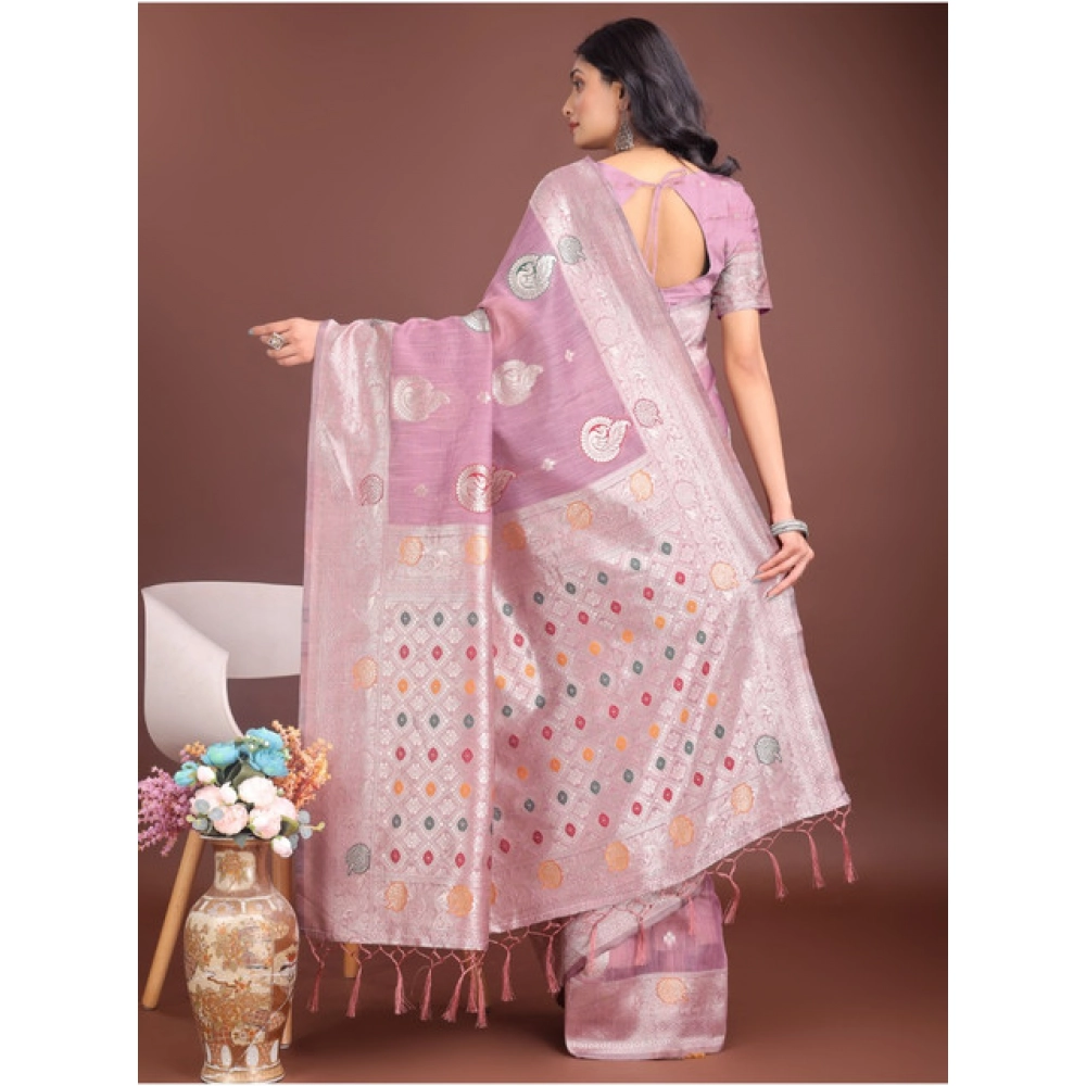 Generic Women's Linen Cotton Printed Saree With Unstitched Blouse 5.5Mtr (Purple) - Image 4