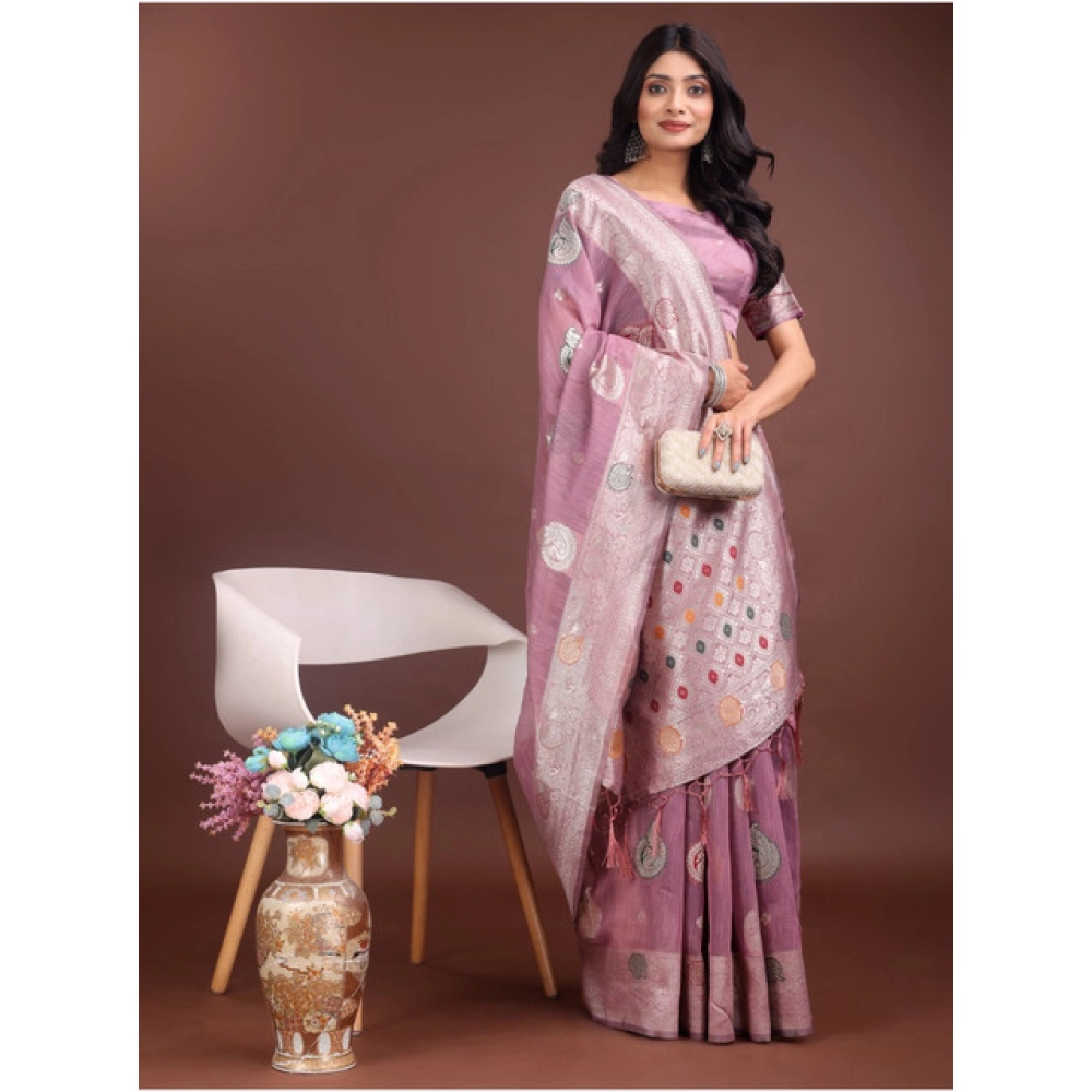 Generic Women's Linen Cotton Printed Saree With Unstitched Blouse 5.5Mtr (Purple) - Image 3