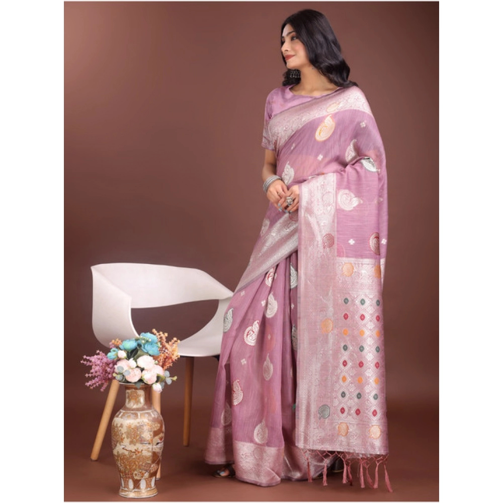 Generic Women's Linen Cotton Printed Saree With Unstitched Blouse 5.5Mtr (Purple) - Image 2