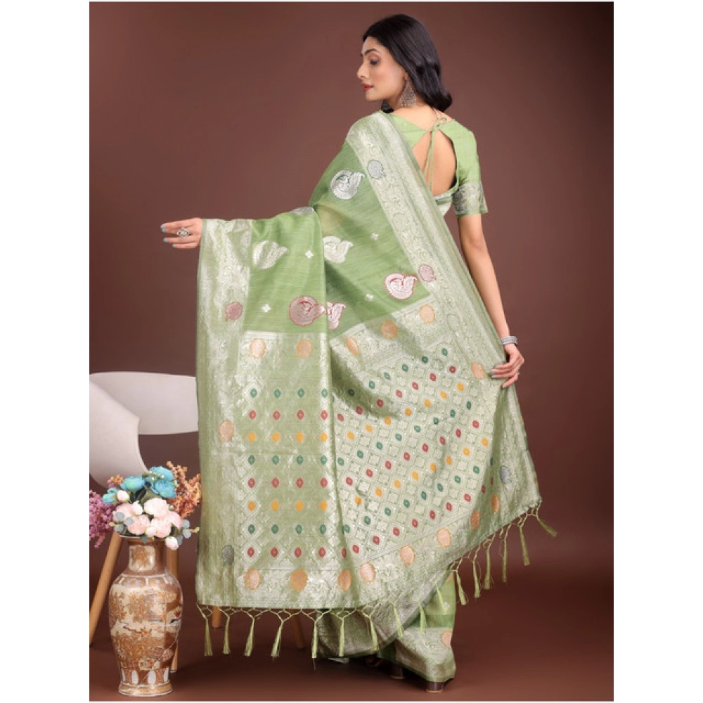 Generic Women's Linen Cotton Printed Saree With Unstitched Blouse 5.5Mtr (Light Green) - Image 4