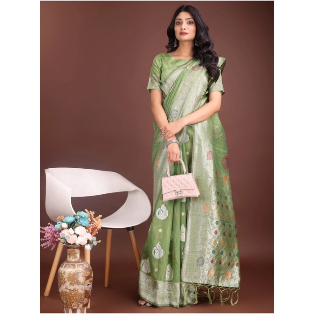 Generic Women's Linen Cotton Printed Saree With Unstitched Blouse 5.5Mtr (Light Green) - Image 3
