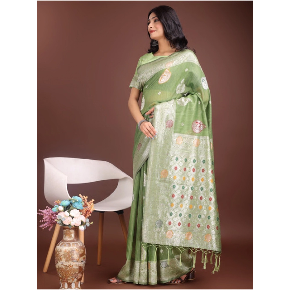 Generic Women's Linen Cotton Printed Saree With Unstitched Blouse 5.5Mtr (Light Green) - Image 2