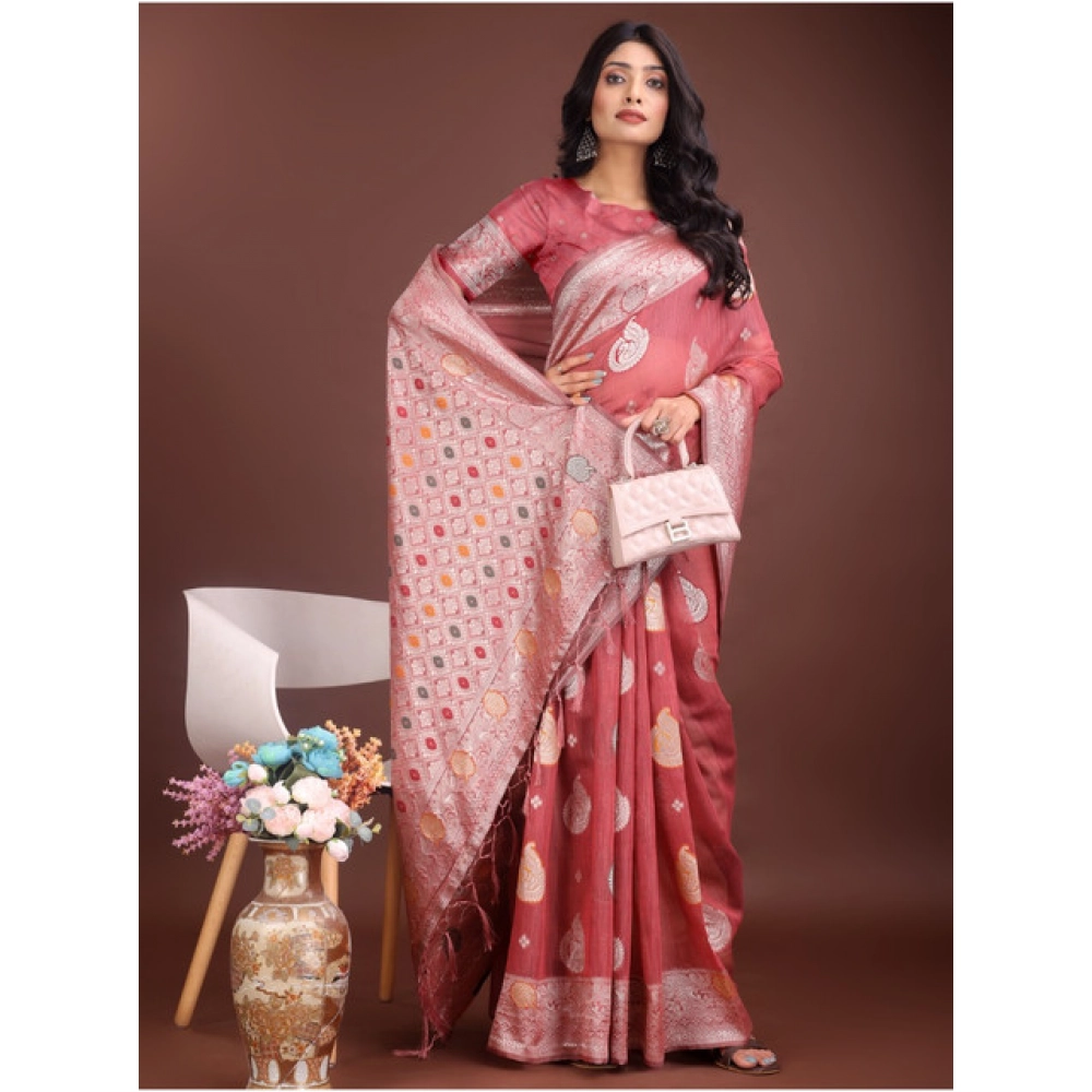 Generic Women's Linen Cotton Printed Saree With Unstitched Blouse 5.5Mtr (Pink) - Image 3