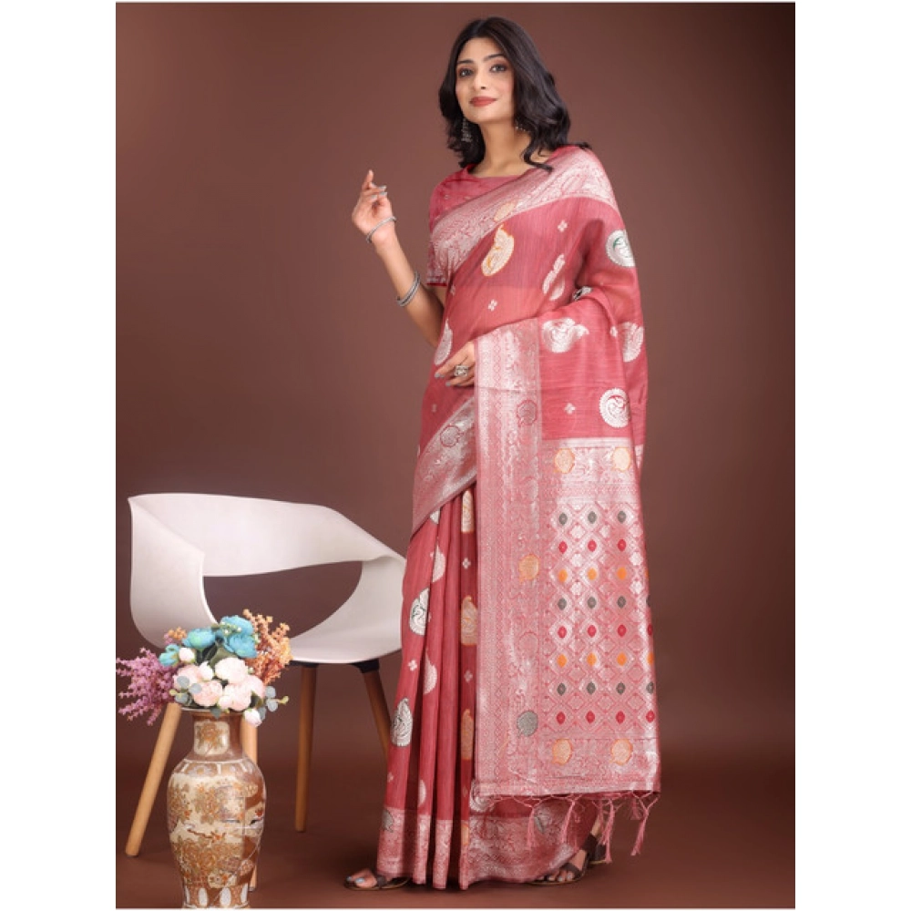 Generic Women's Linen Cotton Printed Saree With Unstitched Blouse 5.5Mtr (Pink) - Image 2