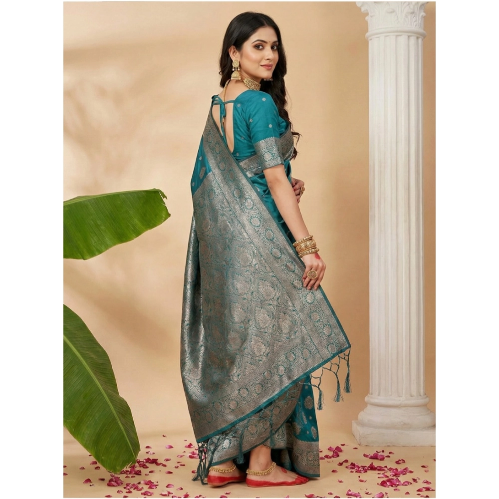 Generic Women's Silk Blend Printed Saree With Unstitched Blouse 5.5Mtr (Sea Green) - Image 3