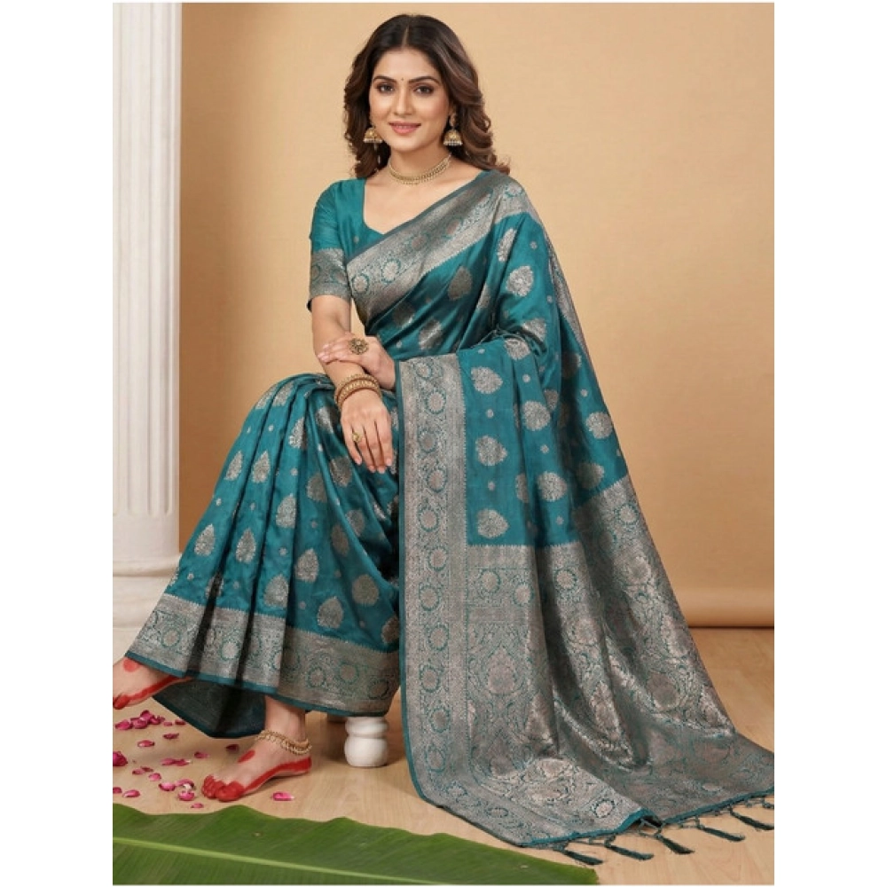 Generic Women's Silk Blend Printed Saree With Unstitched Blouse 5.5Mtr (Sea Green) - Image 2