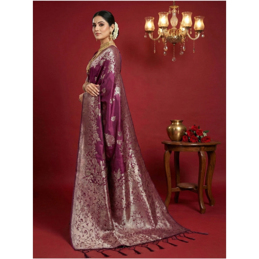 Generic Women's Silk Blend Printed Saree With Unstitched Blouse 5.5Mtr (Purple) - Image 2