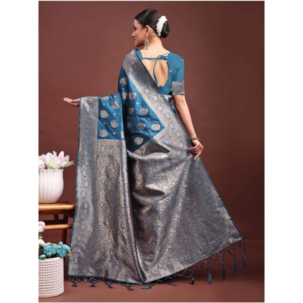 Generic Women's Banarasi Silk Printed Saree With Unstitched Blouse 5.5Mtr (Teal Blue) - Image 4