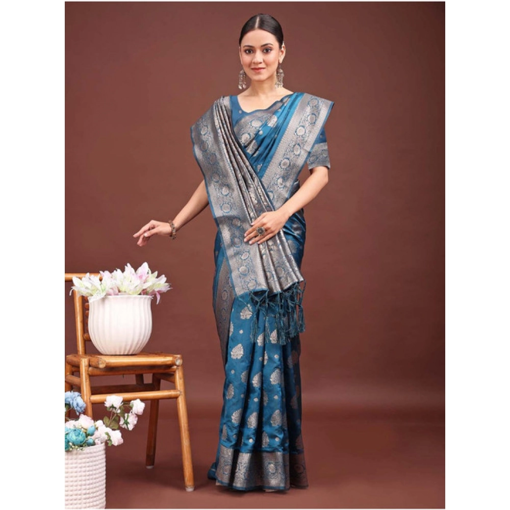 Generic Women's Banarasi Silk Printed Saree With Unstitched Blouse 5.5Mtr (Teal Blue) - Image 3
