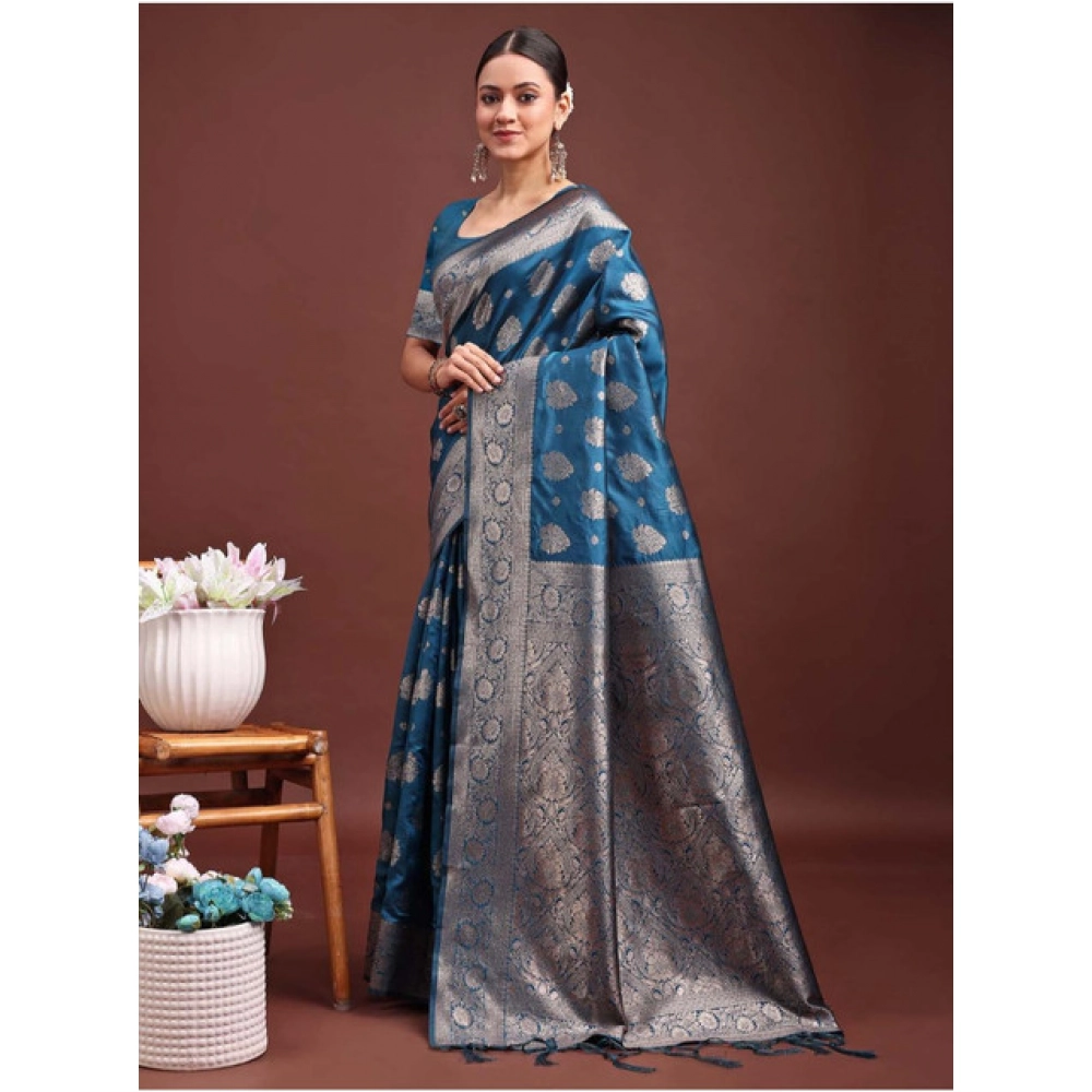 Generic Women's Banarasi Silk Printed Saree With Unstitched Blouse 5.5Mtr (Teal Blue) - Image 2