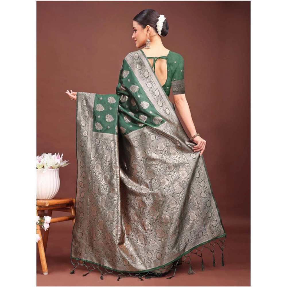 Generic Women's Banarasi Silk Printed Saree With Unstitched Blouse 5.5Mtr (Dark Green) - Image 4