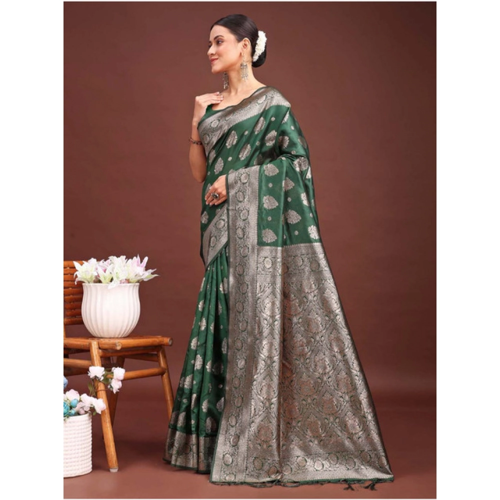 Generic Women's Banarasi Silk Printed Saree With Unstitched Blouse 5.5Mtr (Dark Green) - Image 3