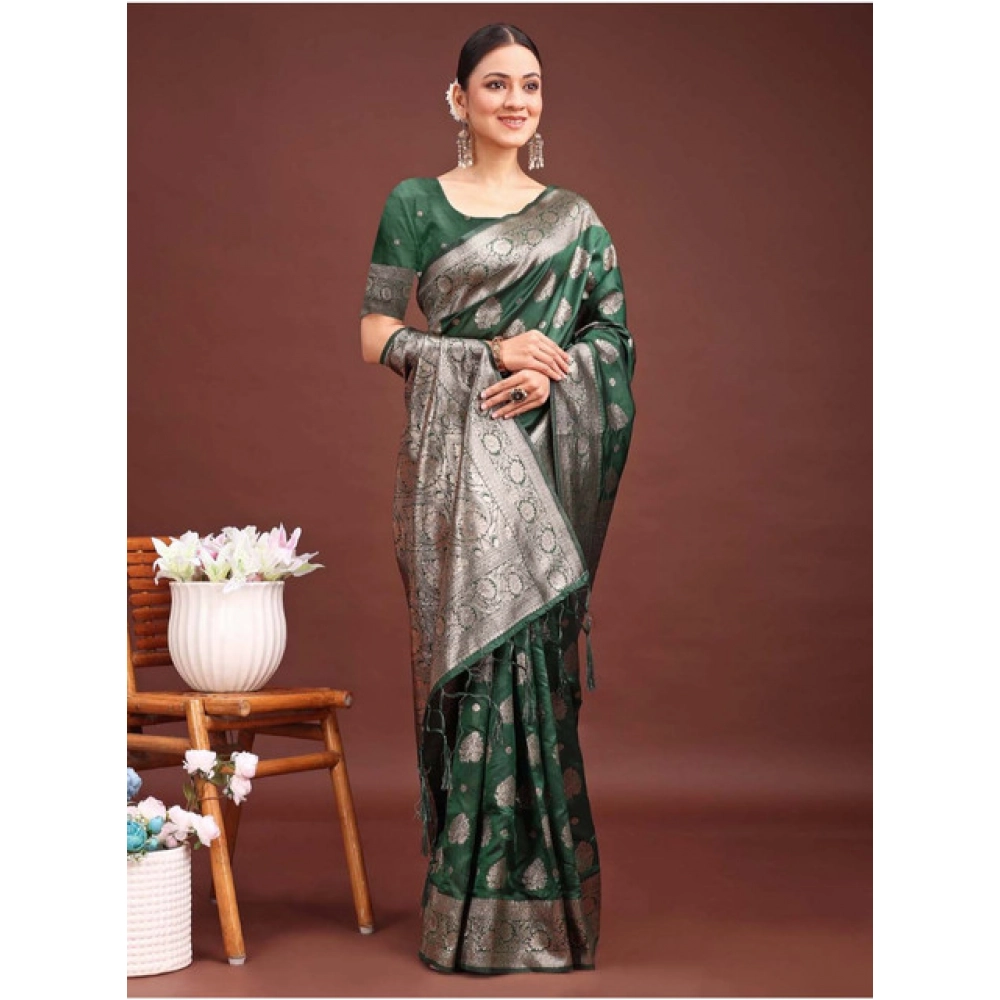Generic Women's Banarasi Silk Printed Saree With Unstitched Blouse 5.5Mtr (Dark Green) - Image 2