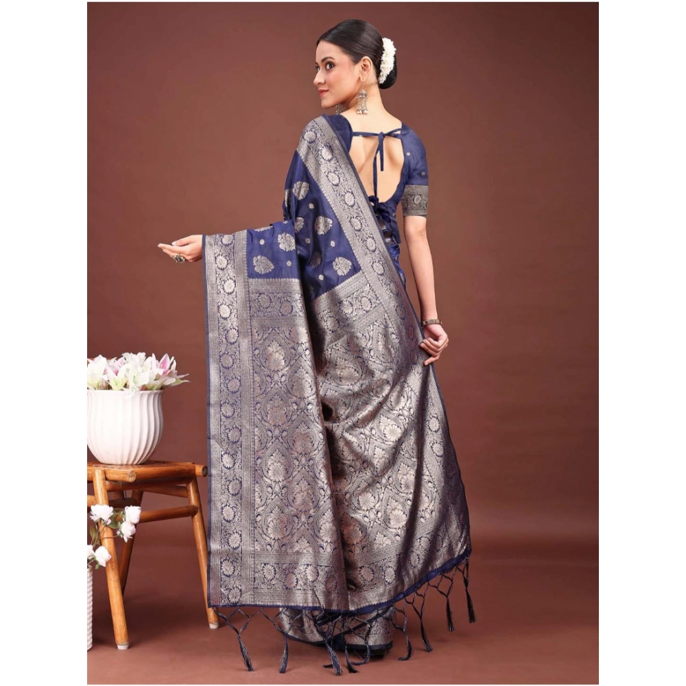 Generic Women's Banarasi Silk Printed Saree With Unstitched Blouse 5.5Mtr (Navy Blue) - Image 4