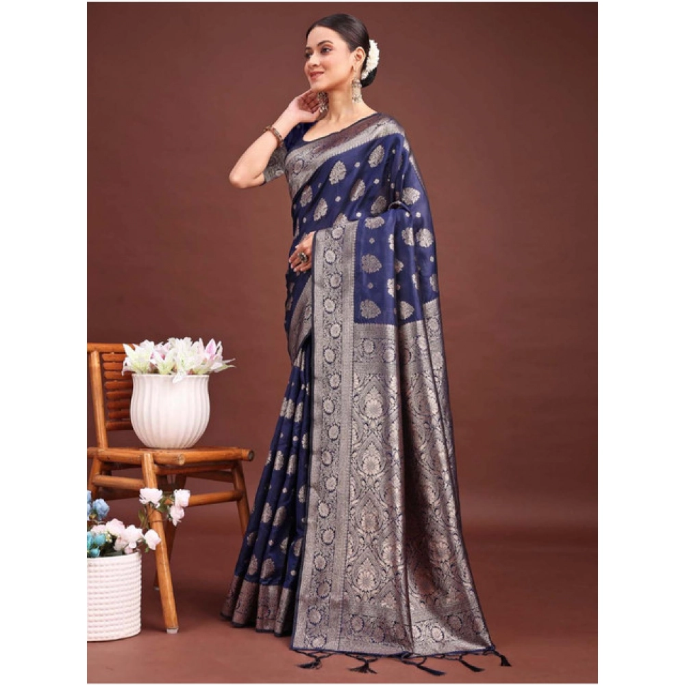 Generic Women's Banarasi Silk Printed Saree With Unstitched Blouse 5.5Mtr (Navy Blue) - Image 3