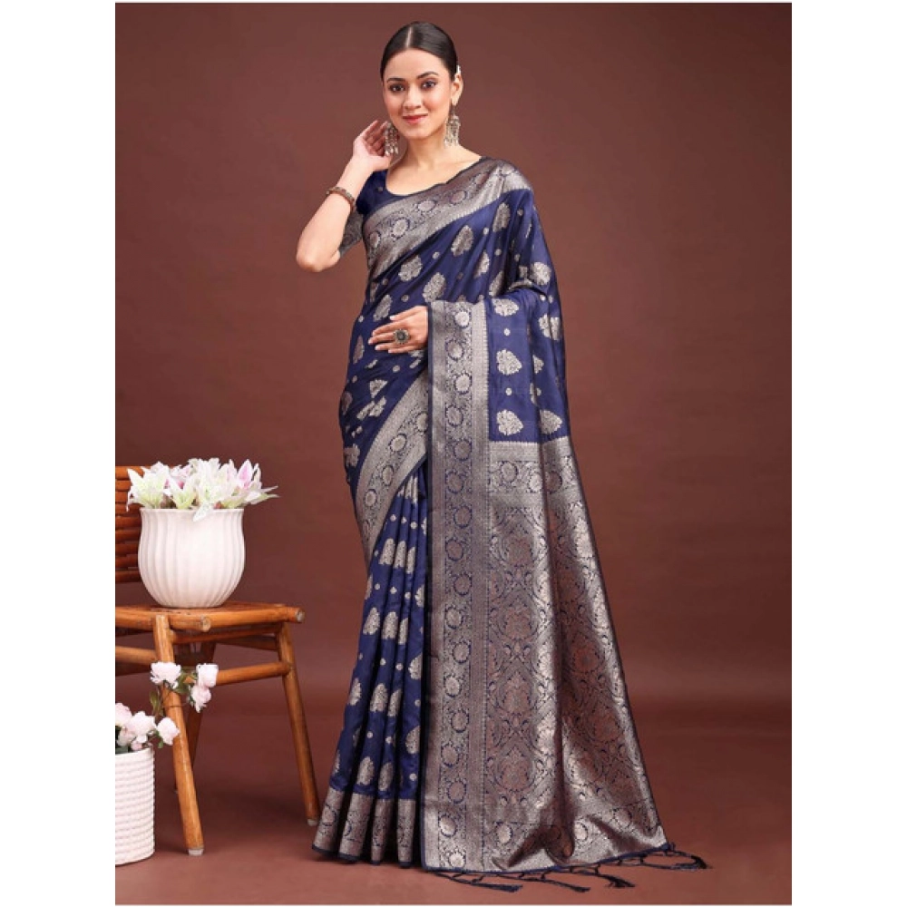 Generic Women's Banarasi Silk Printed Saree With Unstitched Blouse 5.5Mtr (Navy Blue) - Image 2