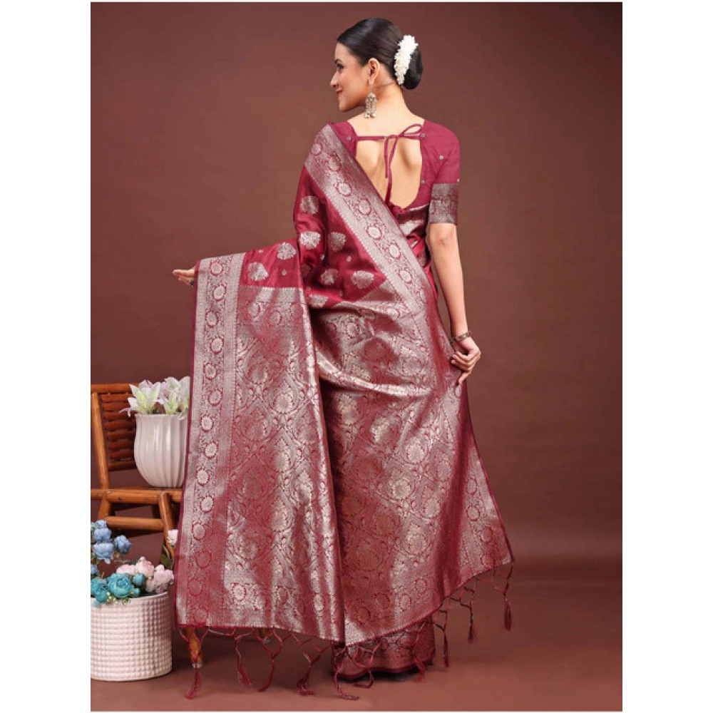 Generic Women's Banarasi Silk Printed Saree With Unstitched Blouse 5.5Mtr (Maroon) - Image 4