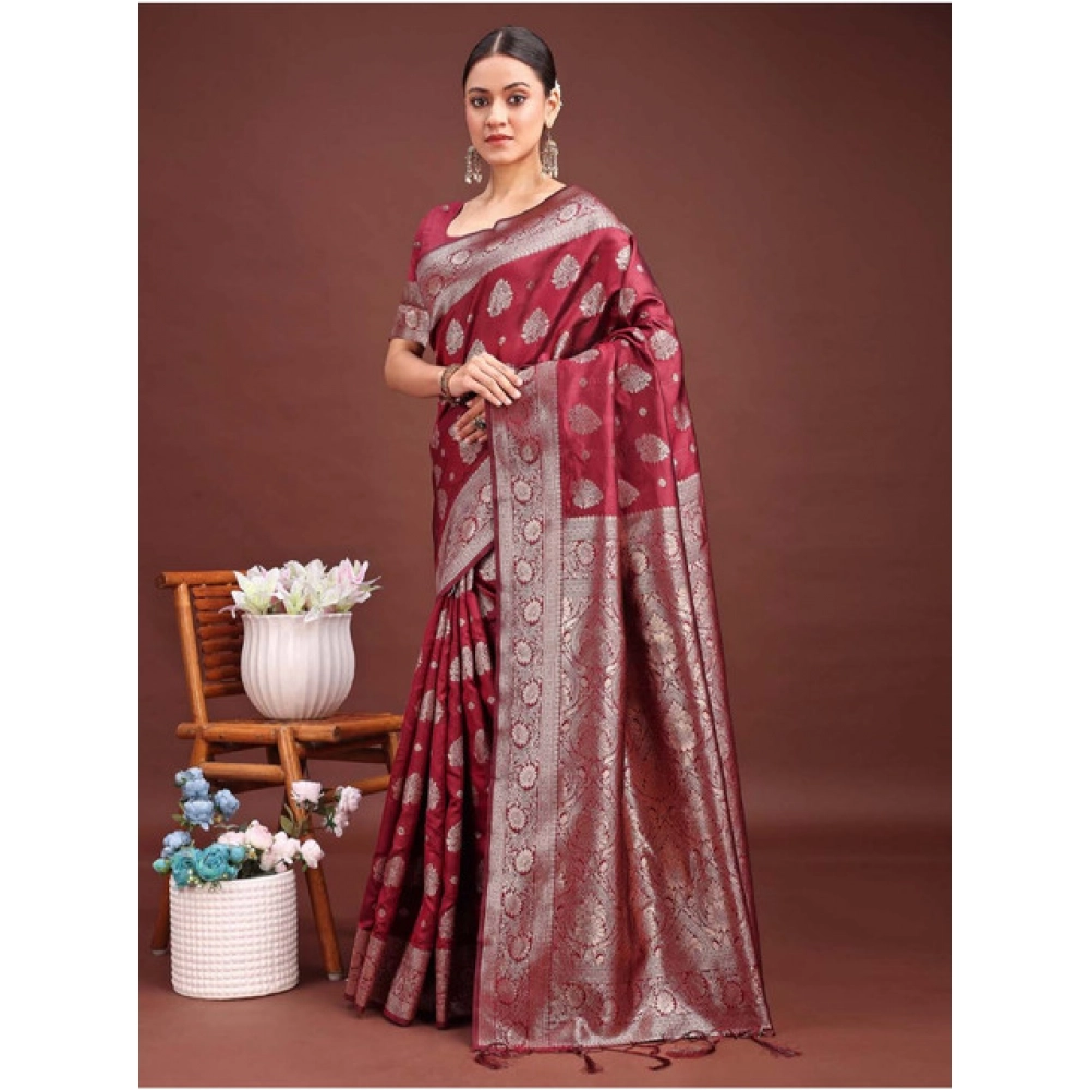 Generic Women's Banarasi Silk Printed Saree With Unstitched Blouse 5.5Mtr (Maroon) - Image 3