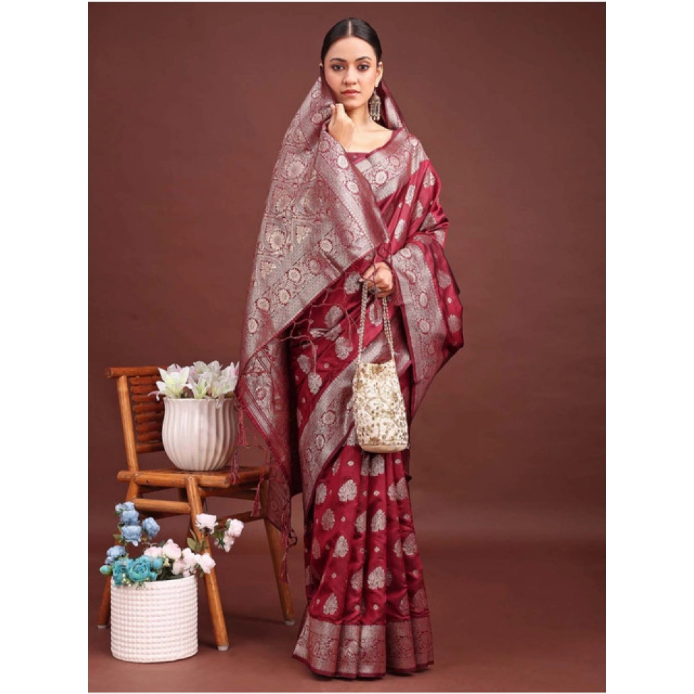 Generic Women's Banarasi Silk Printed Saree With Unstitched Blouse 5.5Mtr (Maroon) - Image 2