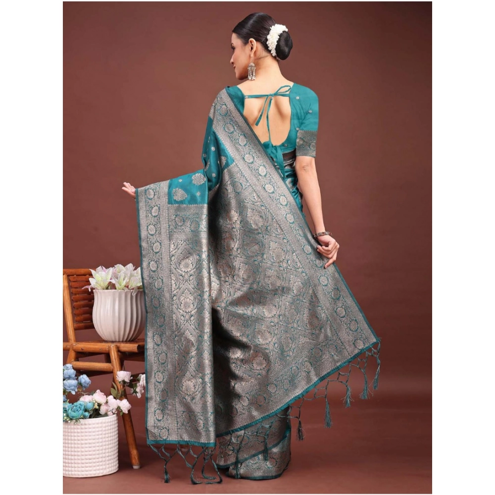 Generic Women's Banarasi Silk Printed Saree With Unstitched Blouse 5.5Mtr (Sea Green) - Image 4