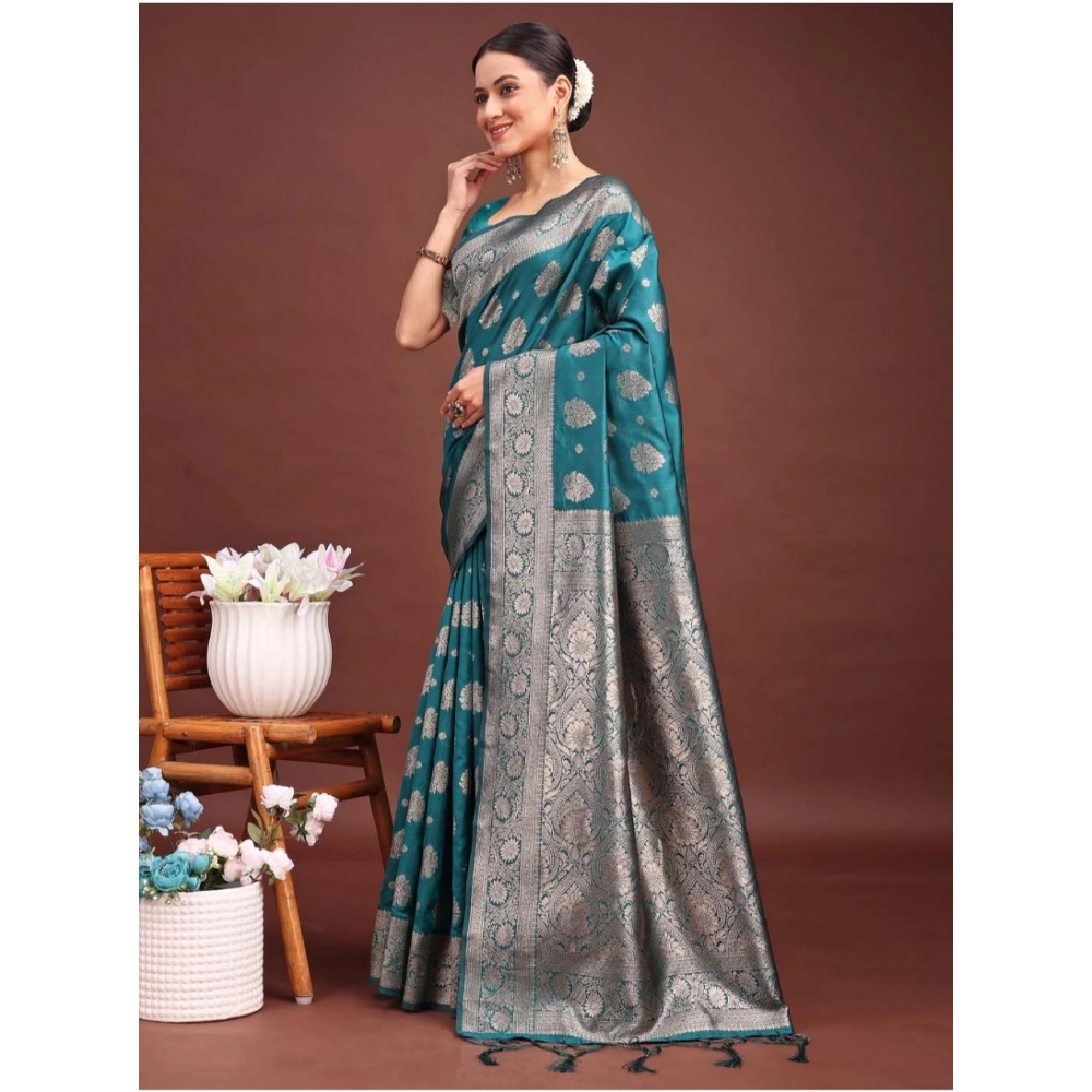 Generic Women's Banarasi Silk Printed Saree With Unstitched Blouse 5.5Mtr (Sea Green) - Image 3