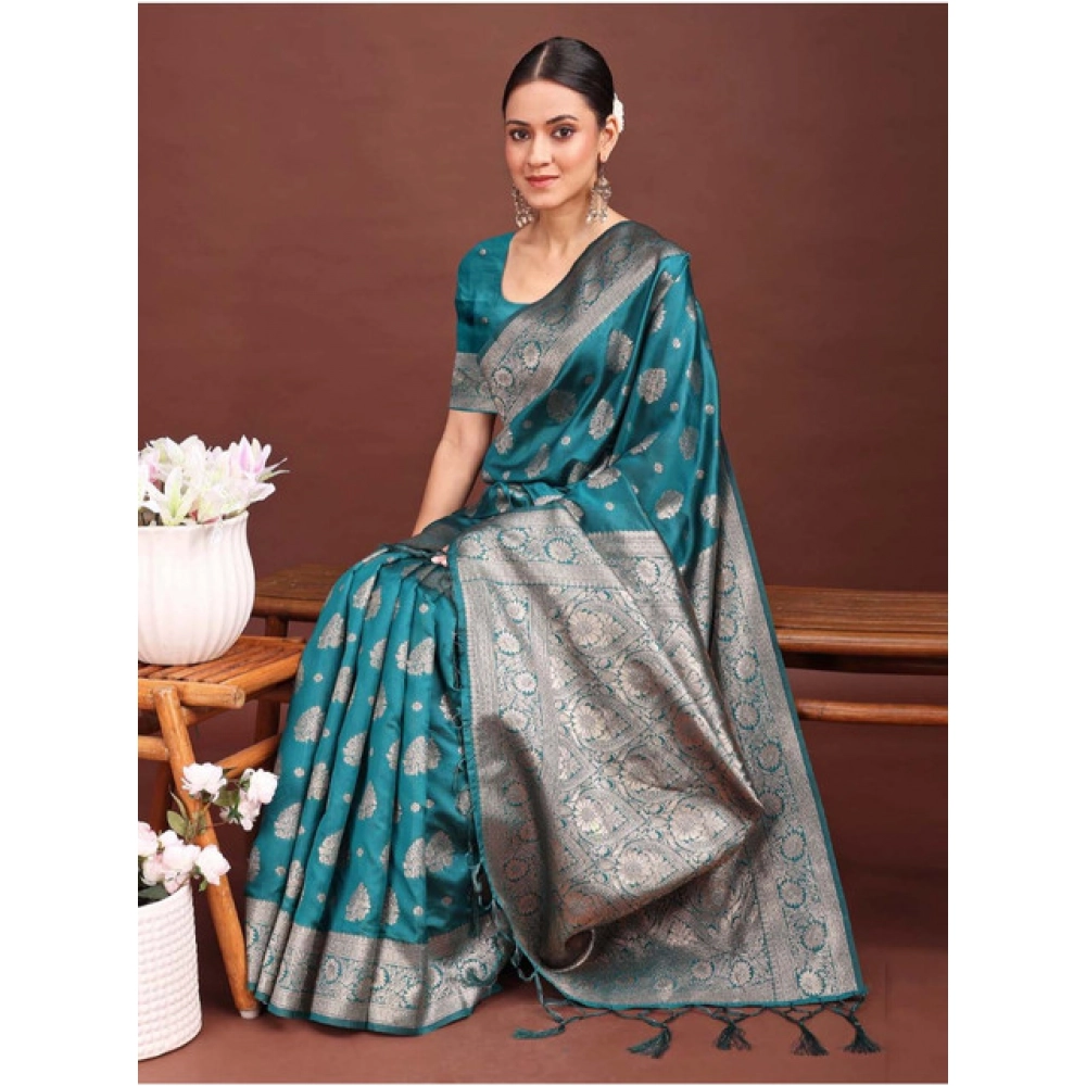 Generic Women's Banarasi Silk Printed Saree With Unstitched Blouse 5.5Mtr (Sea Green) - Image 2