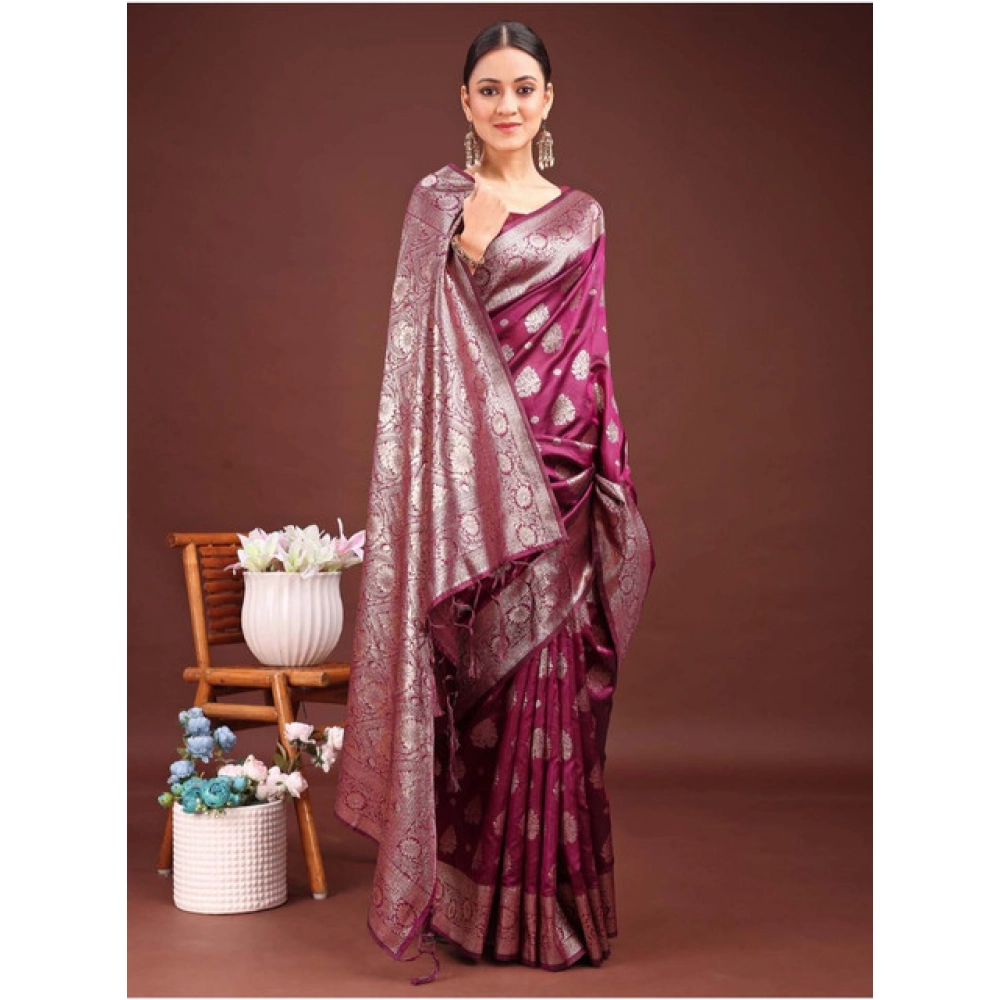Generic Women's Banarasi Silk Printed Saree With Unstitched Blouse 5.5Mtr (Purple) - Image 3