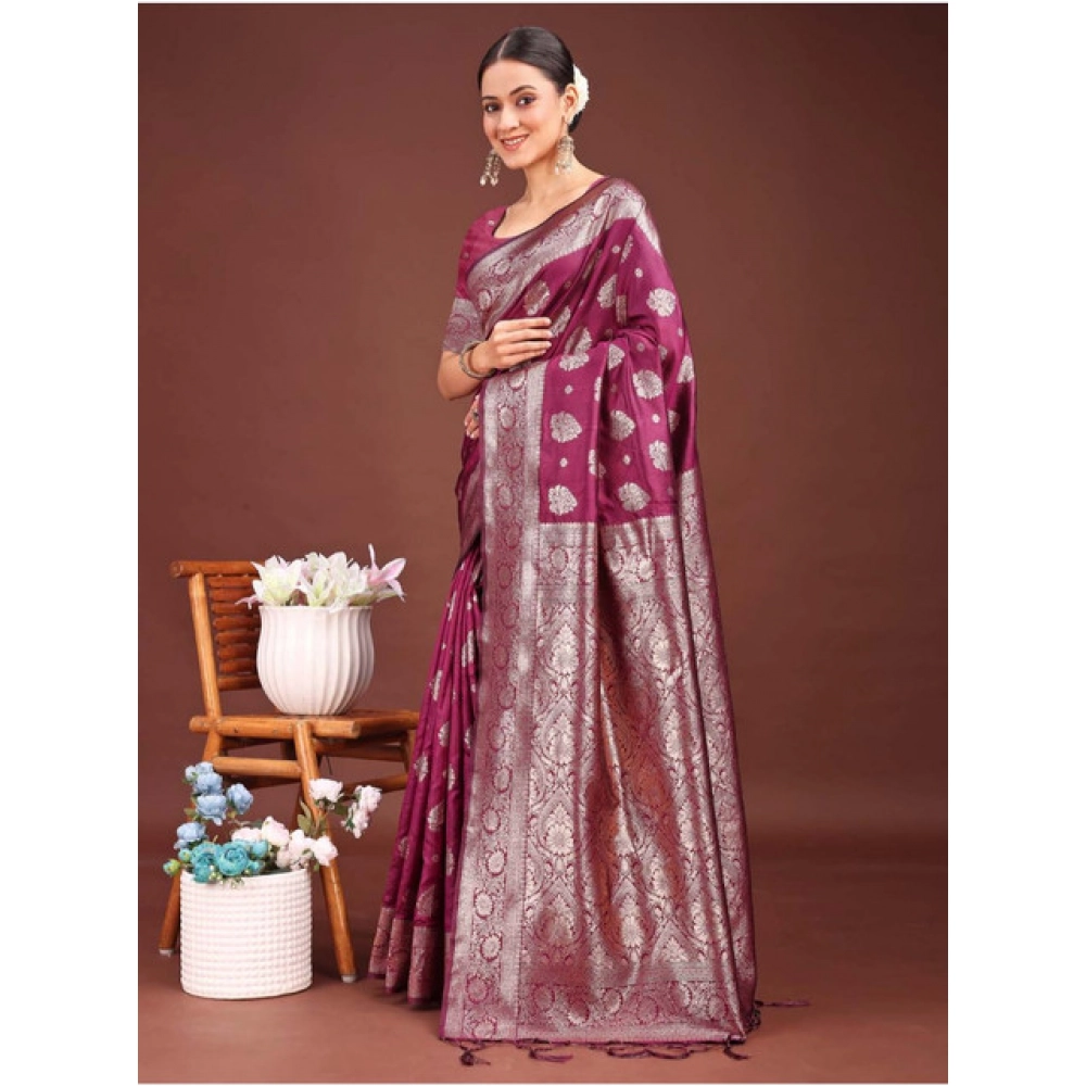 Generic Women's Banarasi Silk Printed Saree With Unstitched Blouse 5.5Mtr (Purple) - Image 2