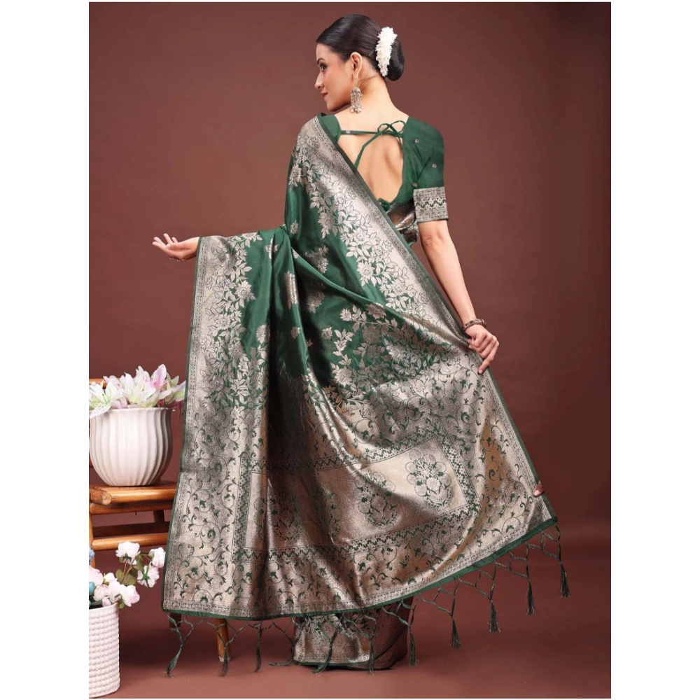 Generic Women's Banarasi Silk Printed Saree With Unstitched Blouse 5.5Mtr (Dark Green) - Image 2