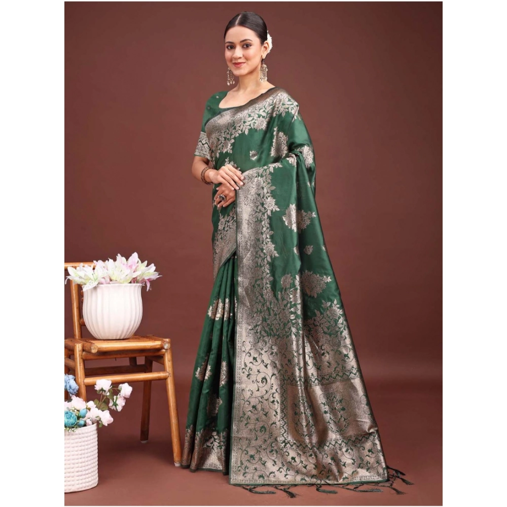Generic Women's Banarasi Silk Printed Saree With Unstitched Blouse 5.5Mtr (Dark Green) - Image 3