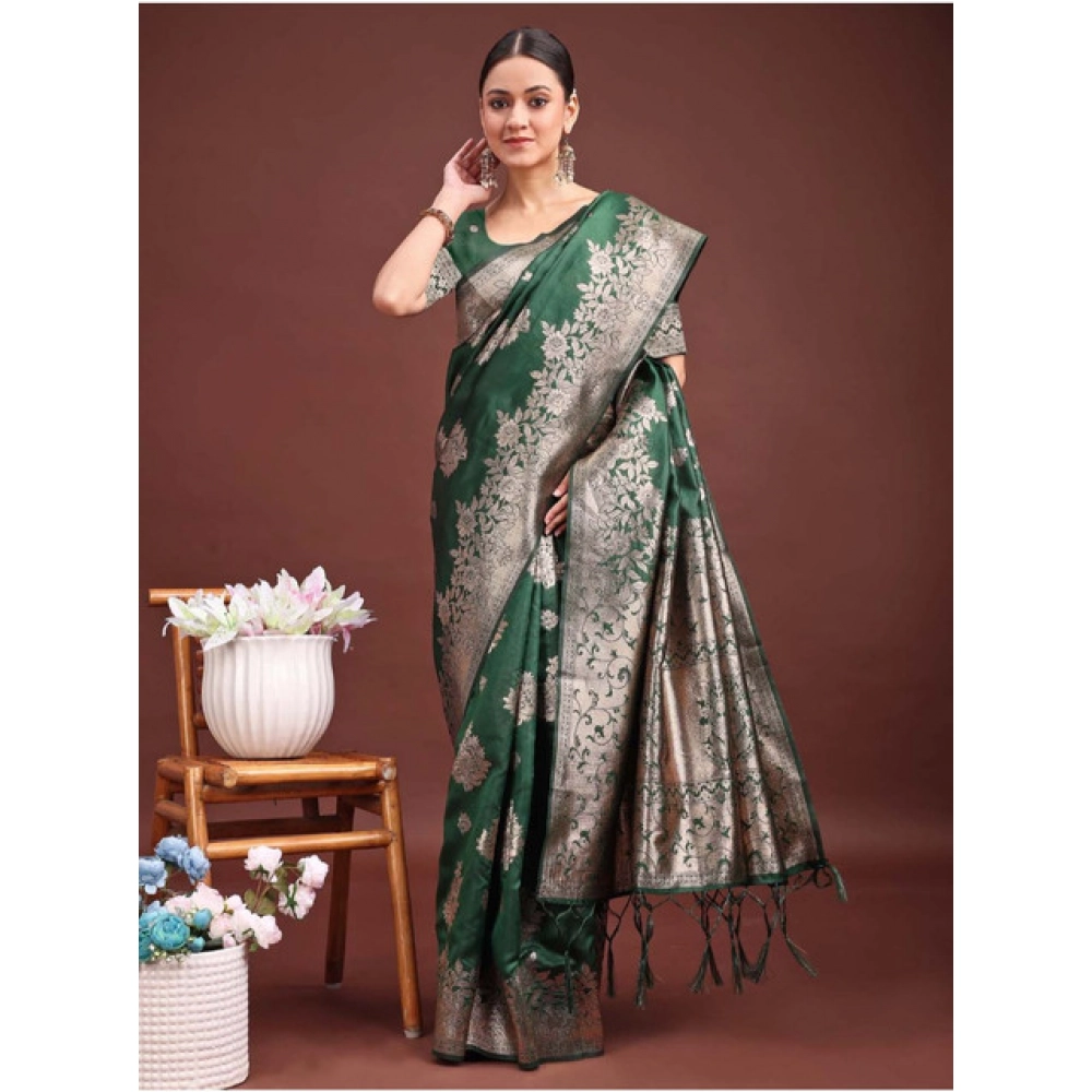 Generic Women's Banarasi Silk Printed Saree With Unstitched Blouse 5.5Mtr (Dark Green) - Image 4