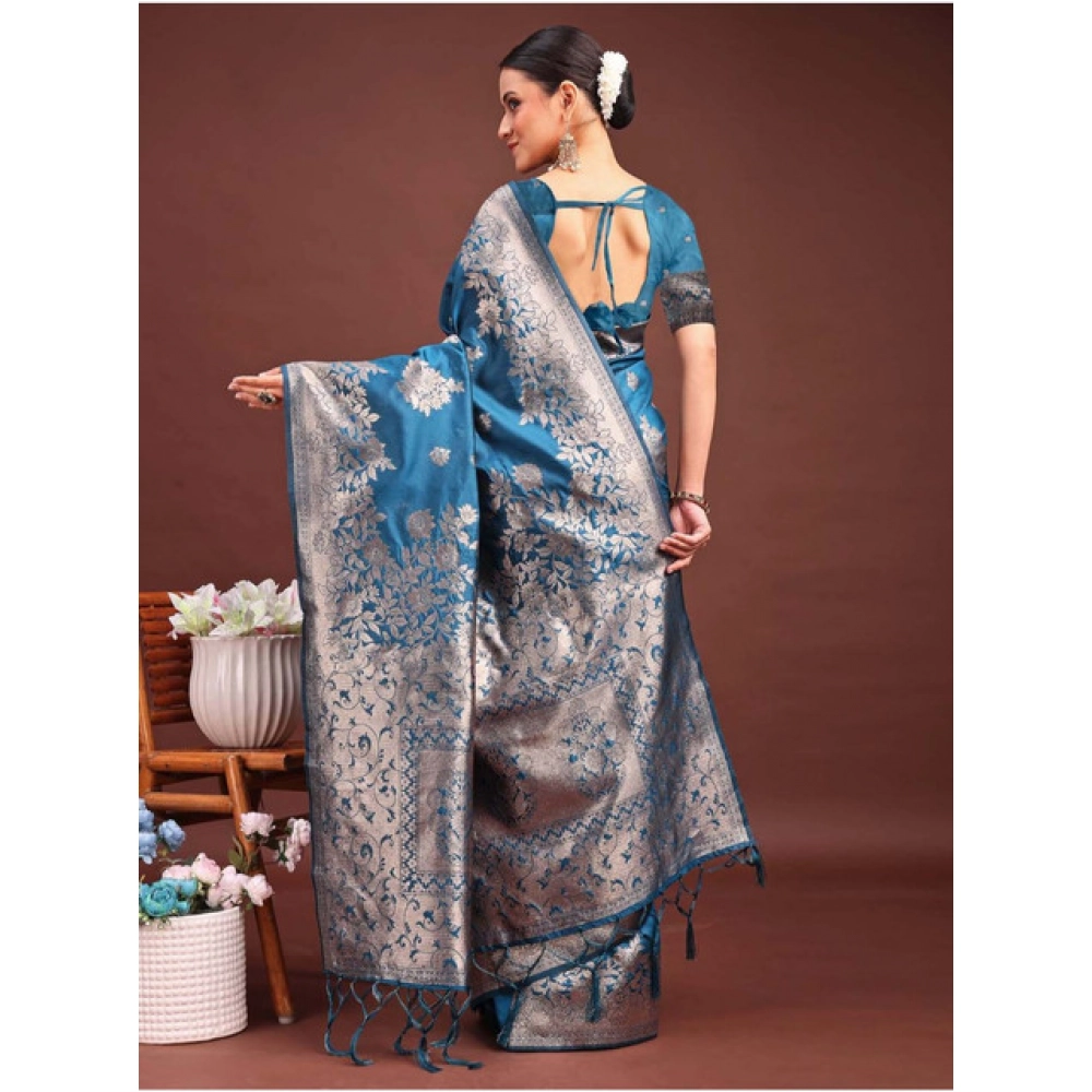 Generic Women's Banarasi Silk Printed Saree With Unstitched Blouse 5.5Mtr (Teal Blue) - Image 4