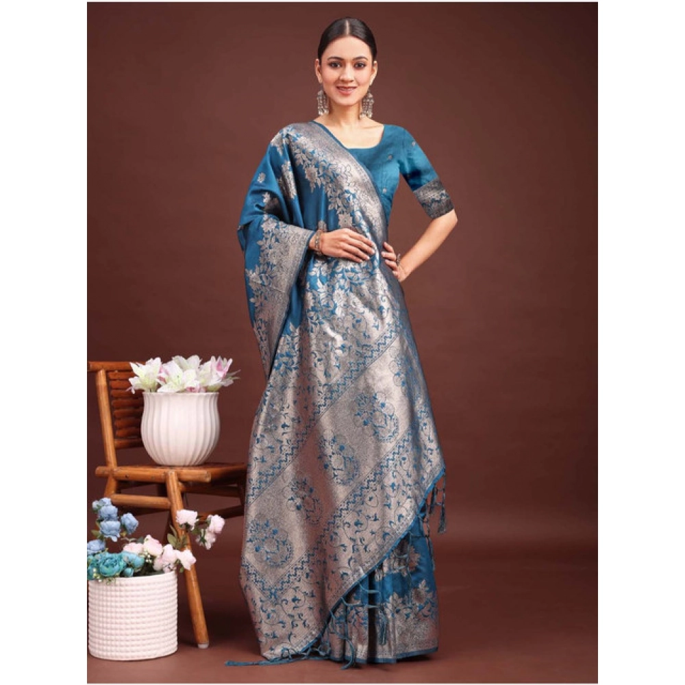 Generic Women's Banarasi Silk Printed Saree With Unstitched Blouse 5.5Mtr (Teal Blue) - Image 3
