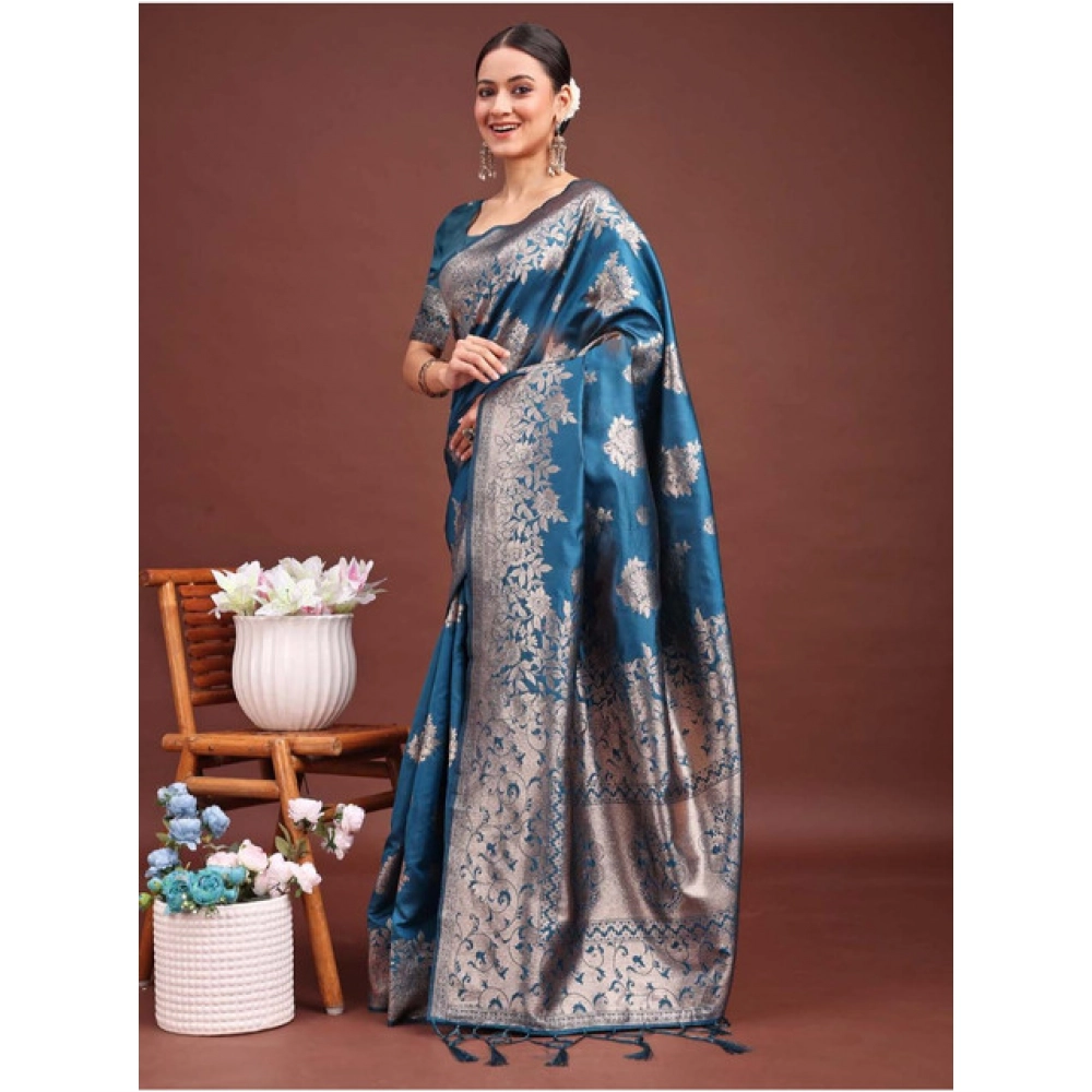 Generic Women's Banarasi Silk Printed Saree With Unstitched Blouse 5.5Mtr (Teal Blue) - Image 2