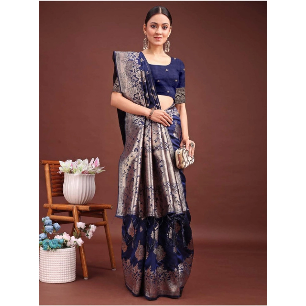 Generic Women's Banarasi Silk Printed Saree With Unstitched Blouse 5.5Mtr (Navy Blue) - Image 3