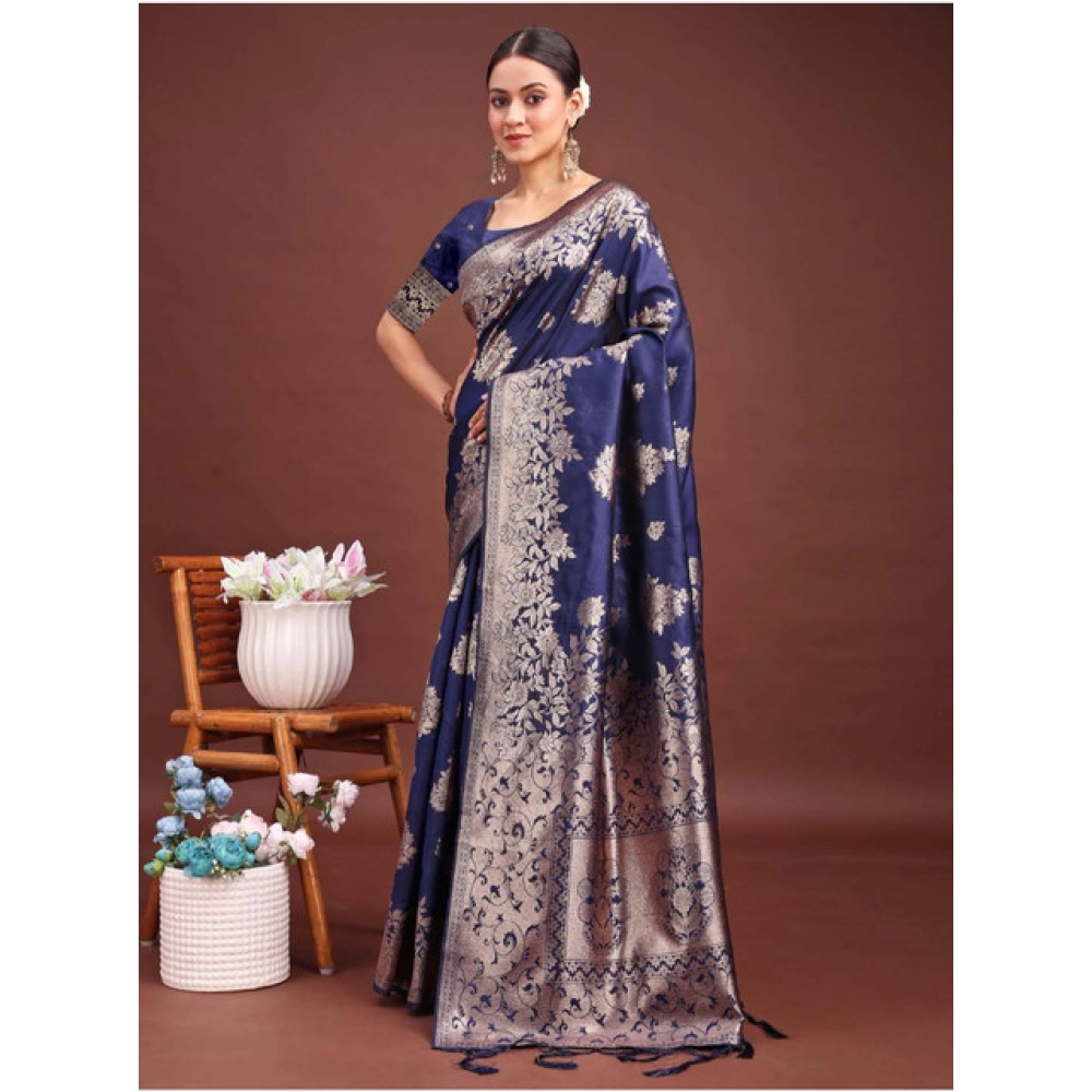 Generic Women's Banarasi Silk Printed Saree With Unstitched Blouse 5.5Mtr (Navy Blue) - Image 2