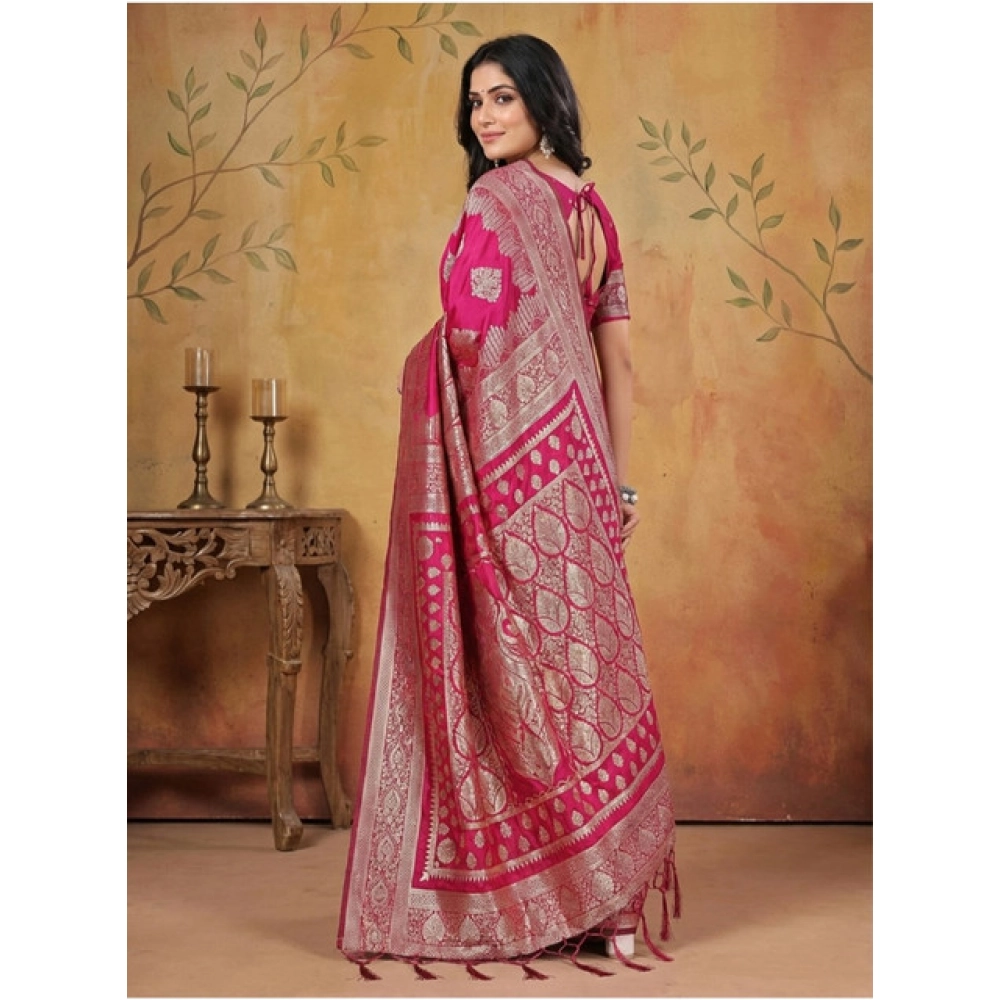 Generic Women's Silk Blend Printed Saree With Unstitched Blouse 5.5Mtr (Magenta) - Image 3