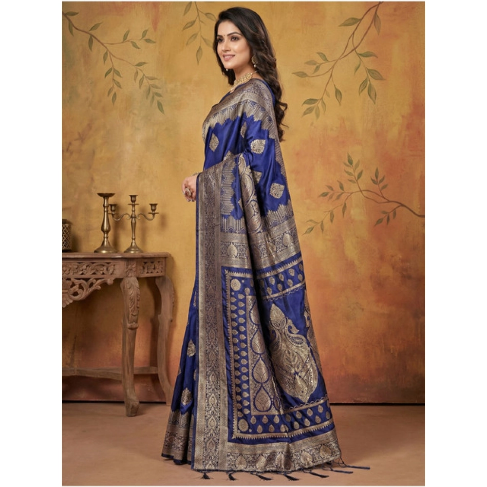 Generic Women's Silk Blend Printed Saree With Unstitched Blouse 5.5Mtr (Navy Blue) - Image 2