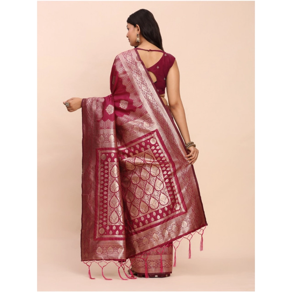 Generic Women's Banarasi Silk Printed Saree With Unstitched Blouse 5.5Mtr (Magenta) - Image 4